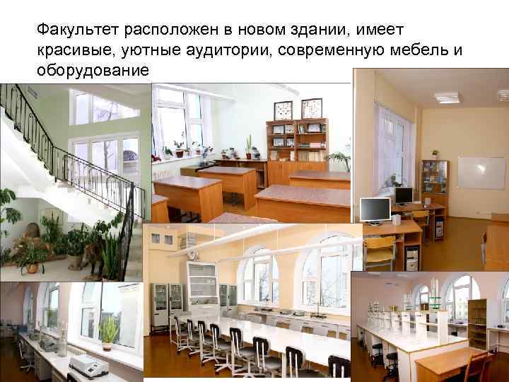 Факультет расположен в новом здании, имеет красивые, уютные аудитории, современную мебель и оборудование 