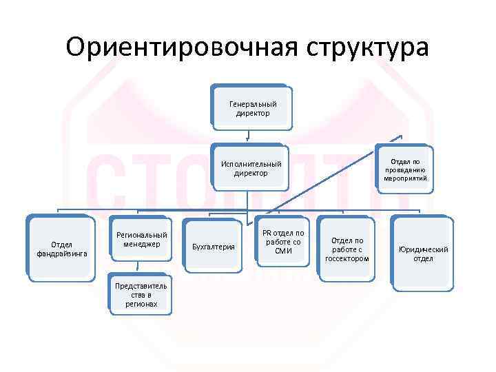 Ориентировочная структура Генеральный директор Отдел по проведению мероприятий Исполнительный директор Отдел фандрайзинга Региональный менеджер