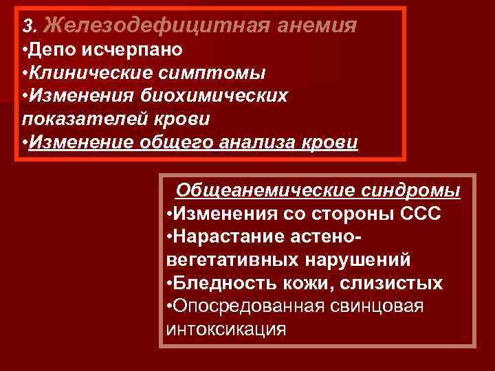 3. Железодефицитная анемия • Депо исчерпано • Клинические симптомы • Изменения биохимических показателей крови