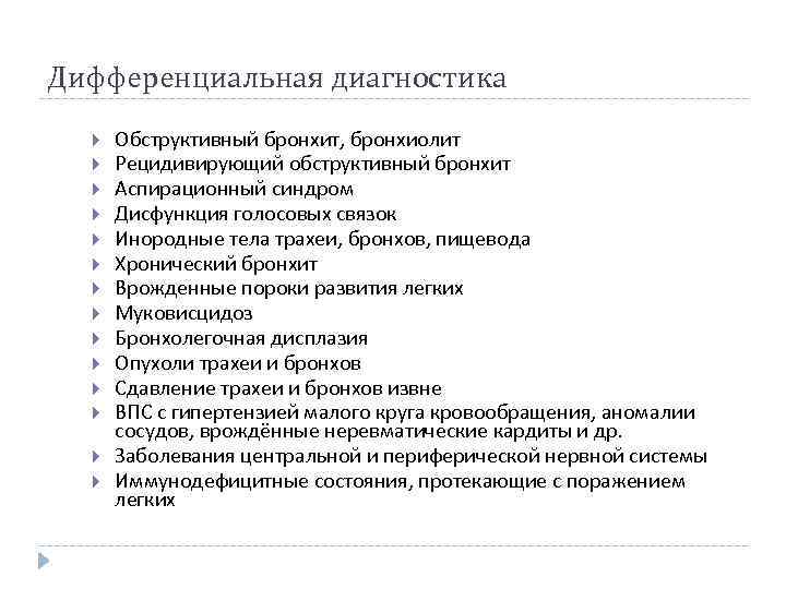 Дифференциальная диагностика Обструктивный бронхит, бронхиолит Рецидивирующий обструктивный бронхит Аспирационный синдром Дисфункция голосовых связок Инородные