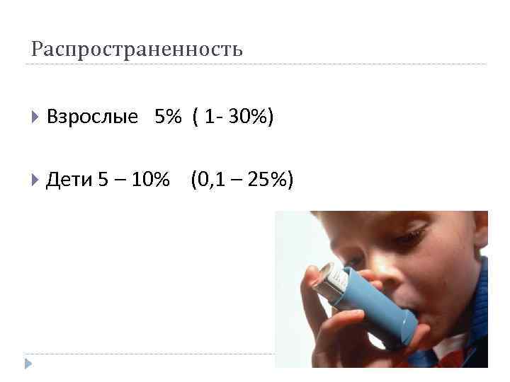Распространенность Взрослые 5% ( 1 - 30%) Дети 5 – 10% (0, 1 –