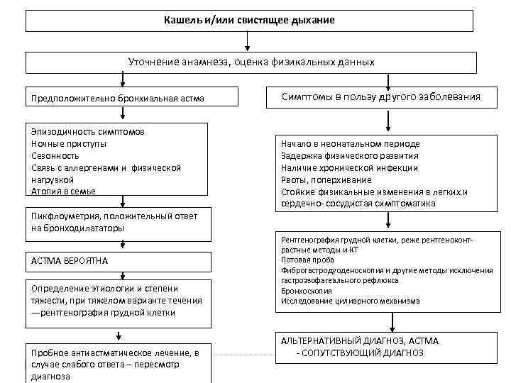 Кашель и/или свистящее дыхание Уточнение анамнеза, оценка физикальных данных Предположительно бронхиальная астма Эпизодичность симптомов