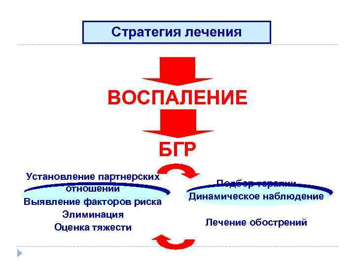 Стратегия лечения ВОСПАЛЕНИЕ БГР Установление партнерских отношений Выявление факторов риска Элиминация Оценка тяжести Подбор