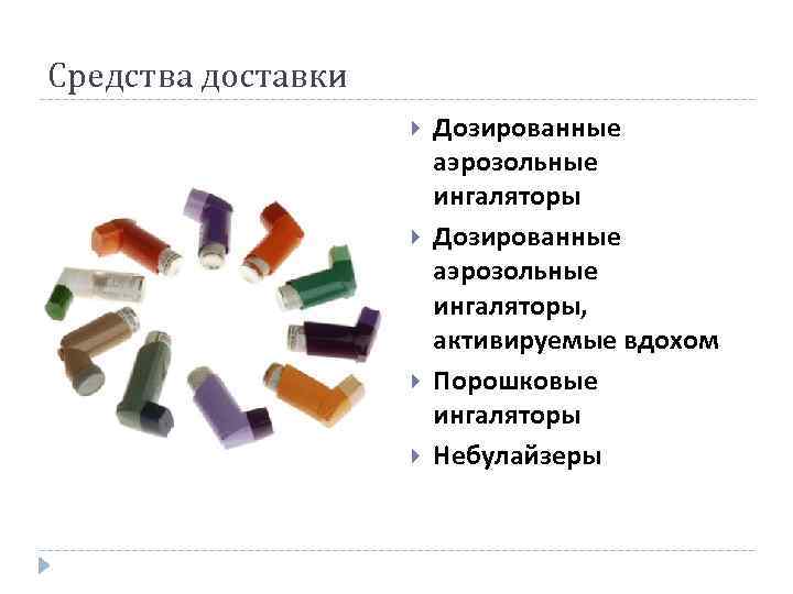 Средства доставки Дозированные аэрозольные ингаляторы, активируемые вдохом Порошковые ингаляторы Небулайзеры 