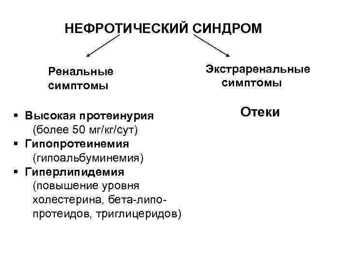 НЕФРОТИЧЕСКИЙ СИНДРОМ Ренальные симптомы § Высокая протеинурия (более 50 мг/кг/сут) § Гипопротеинемия (гипоальбуминемия) §