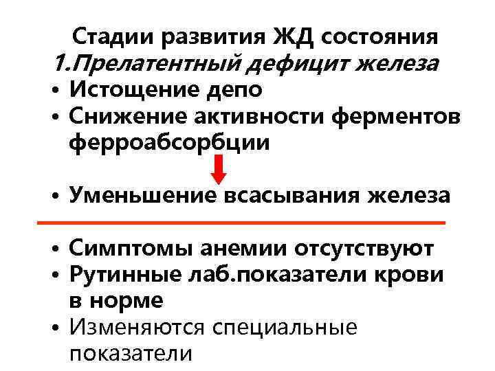 Стадии развития ЖД состояния 1. Прелатентный дефицит железа • Истощение депо • Снижение активности