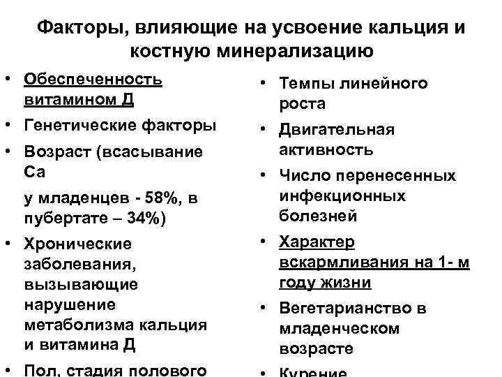 Факторы, влияющие на усвоение кальция и костную минерализацию • Обеспеченность витамином Д • Темпы