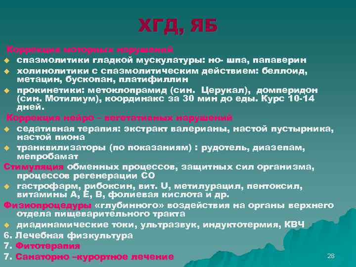 ХГД, ЯБ Коррекция моторных нарушений u спазмолитики гладкой мускулатуры: но- шпа, папаверин u холинолитики