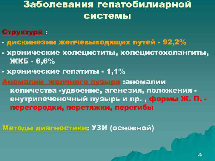 Заболевания гепатобилиарной системы Структура : - дискинезии желчевыводящих путей - 92, 2% - хронические