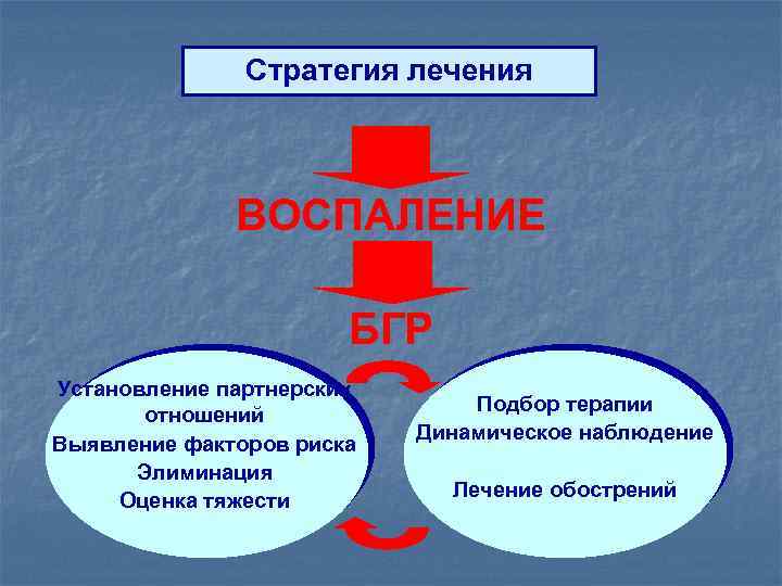 Стратегия лечения ВОСПАЛЕНИЕ БГР Установление партнерских отношений Выявление факторов риска Элиминация Оценка тяжести Подбор