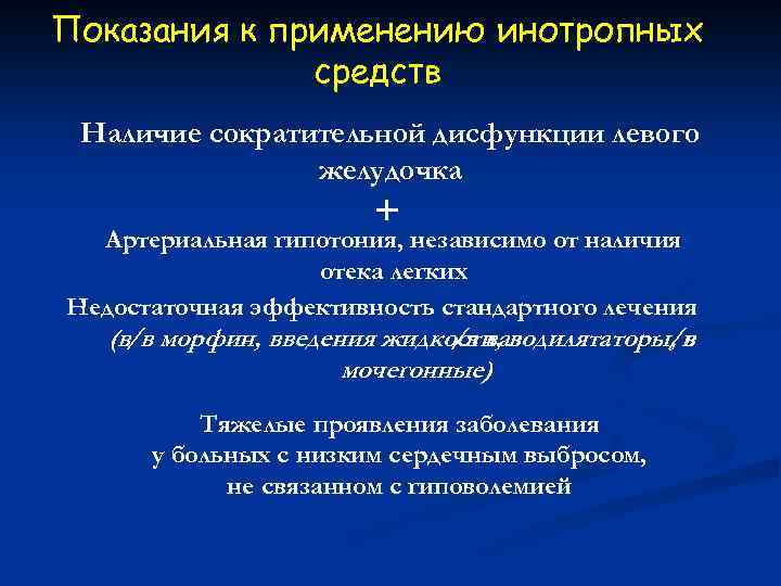 Показания к применению инотропных средств Наличие сократительной дисфункции левого желудочка + Артериальная гипотония, независимо