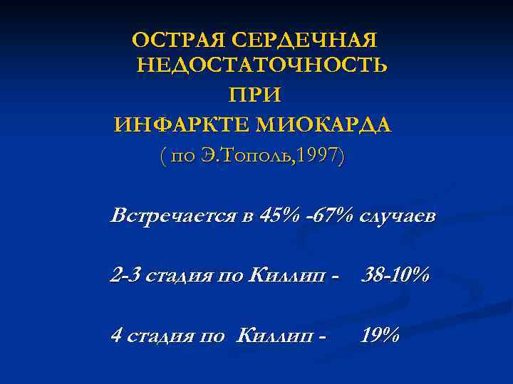 ОСТРАЯ СЕРДЕЧНАЯ НЕДОСТАТОЧНОСТЬ ПРИ ИНФАРКТЕ МИОКАРДА ( по Э. Тополь, 1997) Встречается в 45%