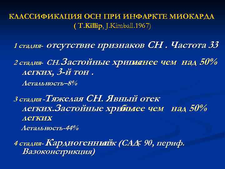 КЛАССИФИКАЦИЯ ОСН ПРИ ИНФАРКТЕ МИОКАРДА ( Т. Killip, J. Kimball. 1967) 1 стадия- отсутствие