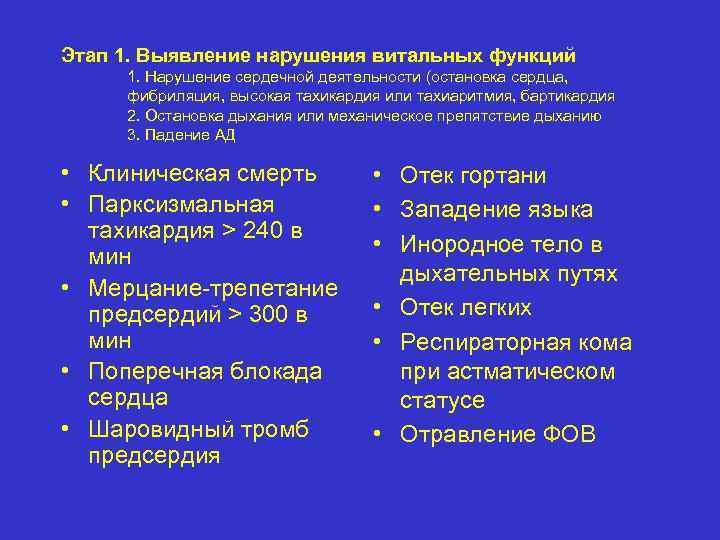 Этап 1. Выявление нарушения витальных функций 1. Нарушение сердечной деятельности (остановка сердца, фибриляция, высокая