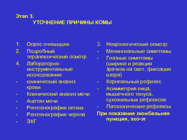 Этап 3. УТОЧНЕНИЕ ПРИЧИНЫ КОМЫ 1. 2. 4. - Опрос очевидцев Подробный терапевтический осмотр