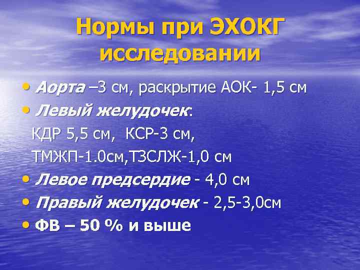 Нормы при ЭХОКГ исследовании • Аорта – 3 см, раскрытие АОК- 1, 5 см