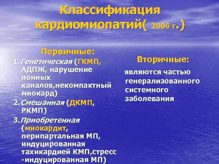 Классификация кардиомиопатий( 2006 г. ) Первичные: 1. Генетическая (ГКМП, АДПЖ, нарушение ионных каналов, некомпактный