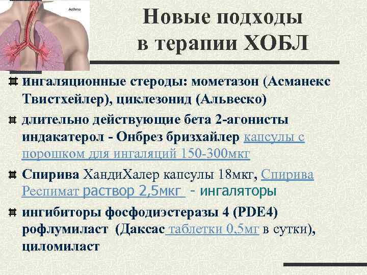 Новые подходы в терапии ХОБЛ ингаляционные стероды: мометазон (Асманекс Твистхейлер), циклезонид (Aльвеско) длительно действующие