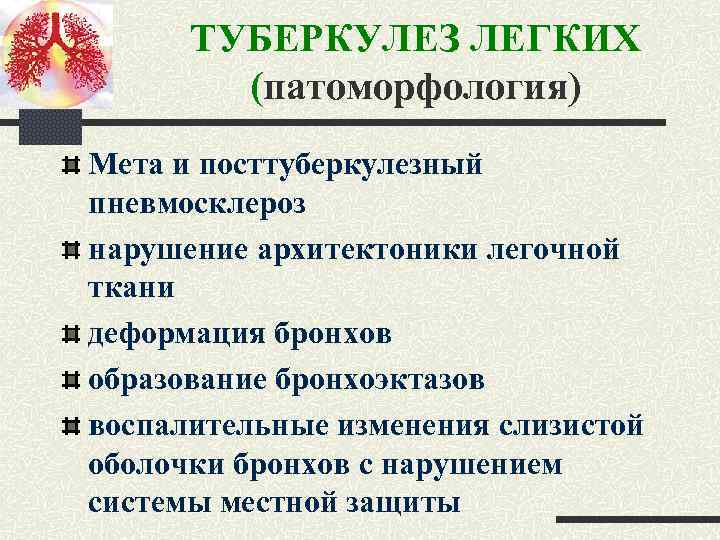 ТУБЕРКУЛЕЗ ЛЕГКИХ (патоморфология) Мета и посттуберкулезный пневмосклероз нарушение архитектоники легочной ткани деформация бронхов образование