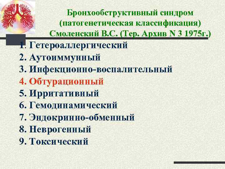 Бронхообструктивный синдром (патогенетическая классификация) Смоленский В. С. (Тер. Архив N 3 1975 г. )