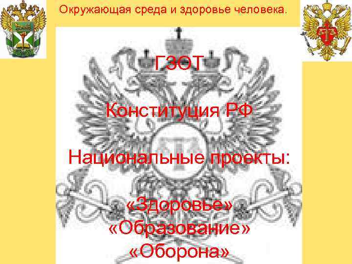 Окружающая среда и здоровье человека. ГЗОТ Конституция РФ Национальные проекты: «Здоровье» «Образование» «Оборона» 