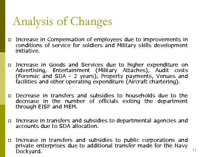 Analysis of Changes p Increase in Compensation of employees due to improvements in conditions