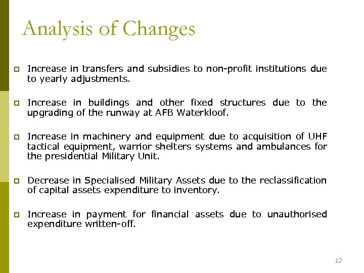 Analysis of Changes p Increase in transfers and subsidies to non-profit institutions due to