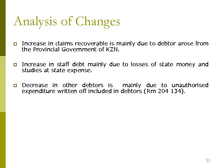 Analysis of Changes p Increase in claims recoverable is mainly due to debtor arose