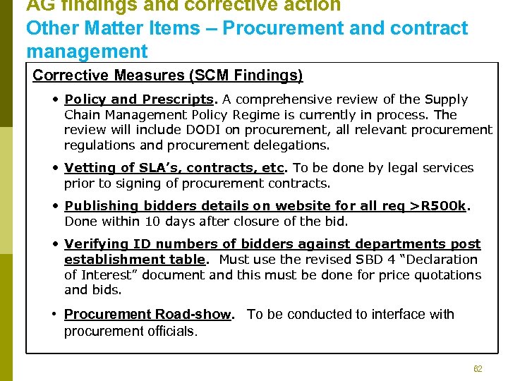 AG findings and corrective action Other Matter Items – Procurement and contract management Corrective