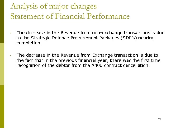 Analysis of major changes Statement of Financial Performance • The decrease in the Revenue