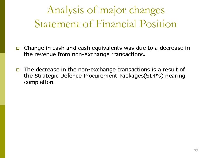 Analysis of major changes Statement of Financial Position p Change in cash and cash
