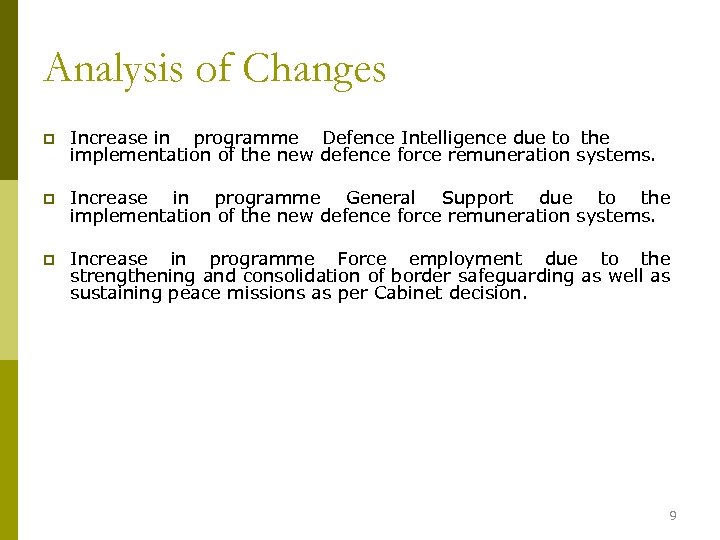 Analysis of Changes p Increase in programme Defence Intelligence due to the implementation of