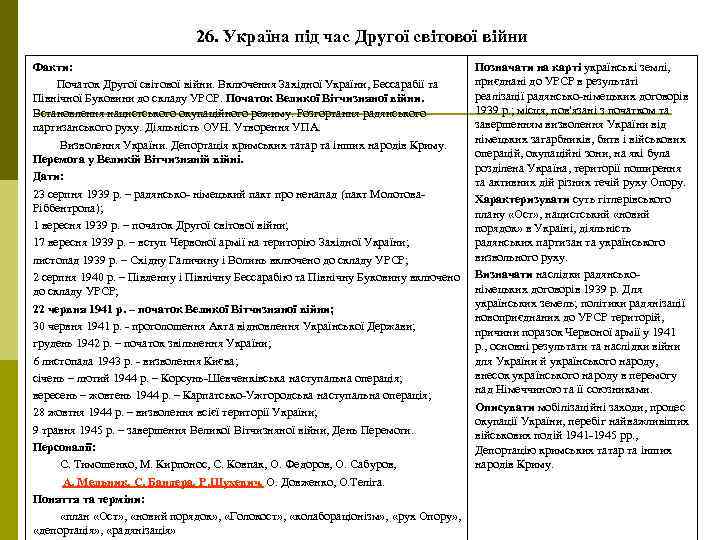 26. Україна під час Другої світової війни Факти: Початок Другої світової війни. Включення Західної