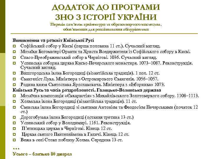 ДОДАТОК ДО ПРОГРАМИ ЗНО З ІСТОРІЇ УКРАЇНИ Перелік пам’яток архітектури та образотворчого мистецтва, обов’язкових