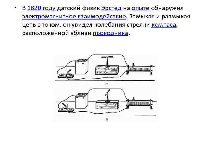  • В 1820 году датский физик Эрстед на опыте обнаружил электромагнитное взаимодействие. Замыкая