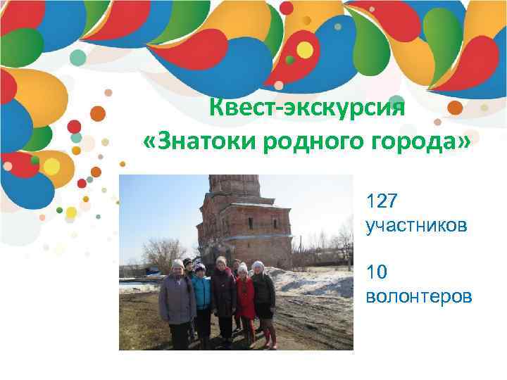 Квест-экскурсия «Знатоки родного города» 127 участников 10 волонтеров 