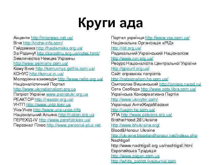 Круги ада Акценти http: //mignews. net. ua/ Віче http: //viche-info. com/ Гайдамака http: //haidamaka.