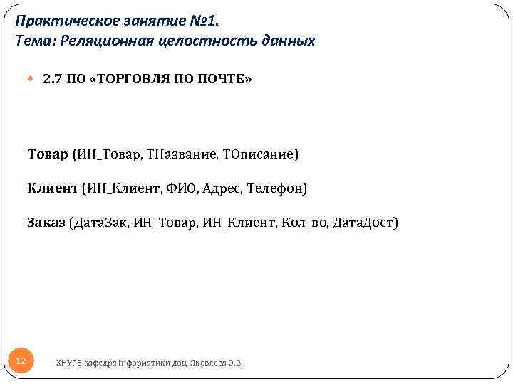 Практическое занятие № 1. Тема: Реляционная целостность данных 2. 7 ПО «ТОРГОВЛЯ ПО ПОЧТЕ»