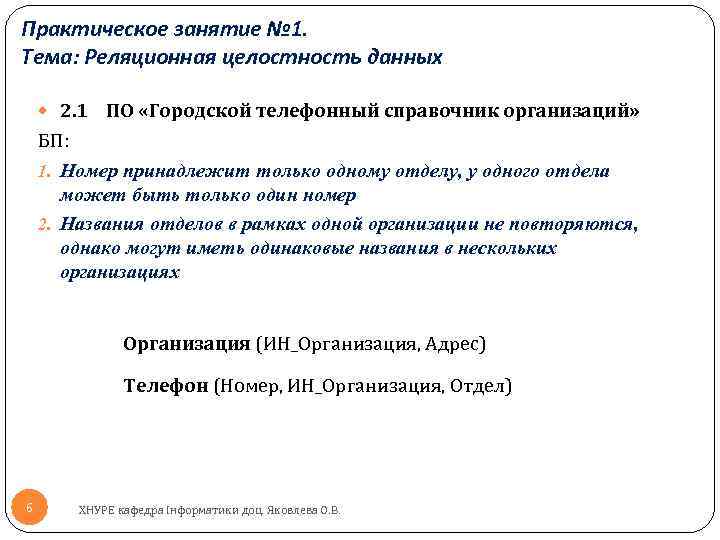 Практическое занятие № 1. Тема: Реляционная целостность данных 2. 1 ПО «Городской телефонный справочник