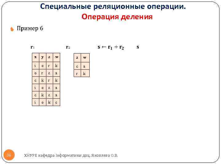 Специальные реляционные операции. Операция деления x z w i o r k c a