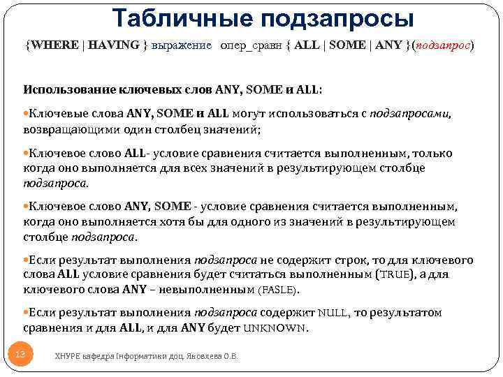 Табличные подзапросы {WHERE | HAVING } выражение опер_сравн { ALL | SOME | ANY