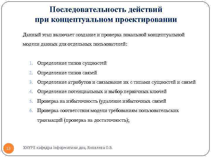 Последовательность действий при концептуальном проектировании Данный этап включает создание и проверка локальной концептуальной модели