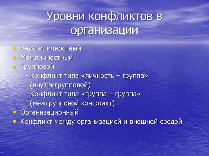 Уровни конфликтов в организации • • • Внутриличностный Межличностный Групповой - Конфликт типа «личность