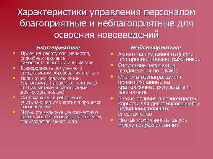 Характеристики управления персоналом благоприятные и неблагоприятные для освоения нововведений Благоприятные Неблагоприятные • Прием на