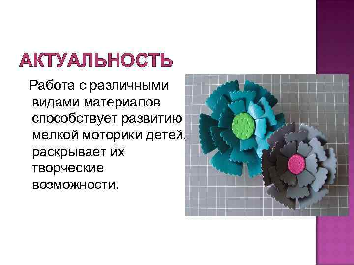 АКТУАЛЬНОСТЬ Работа с различными видами материалов способствует развитию мелкой моторики детей, раскрывает их творческие