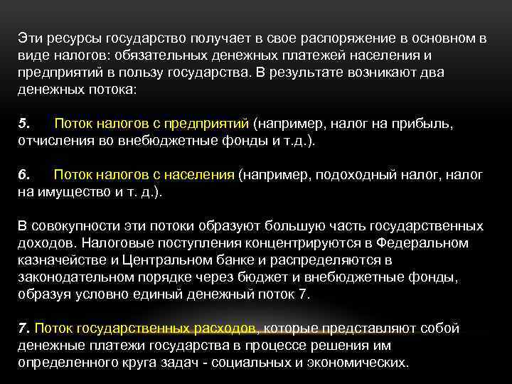 Эти ресурсы государство получает в свое распоряжение в основном в виде налогов: обязательных денежных