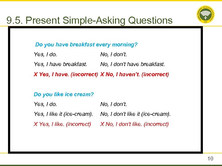 9. 5. Present Simple-Asking Questions Do you have breakfast every morning? Yes, I do.