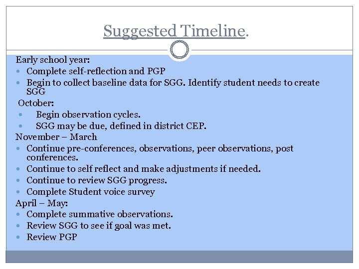 Suggested Timeline. Early school year: Complete self-reflection and PGP Begin to collect baseline data