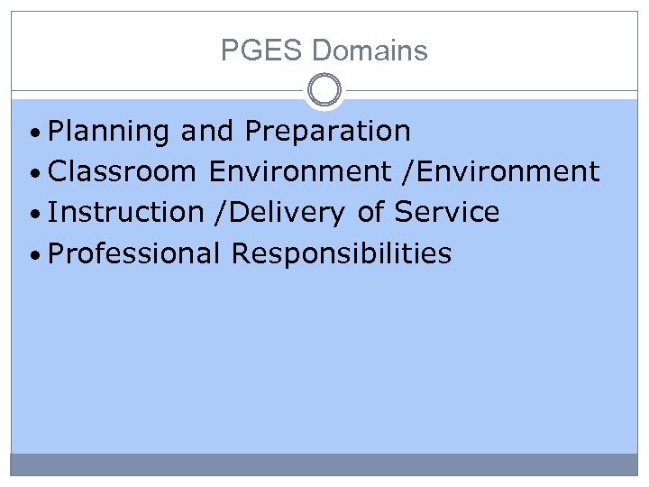 PGES Domains • Planning and Preparation • Classroom Environment /Environment • Instruction /Delivery of