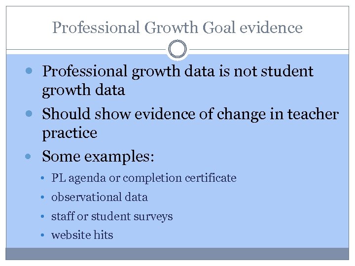 Professional Growth Goal evidence Professional growth data is not student growth data Should show